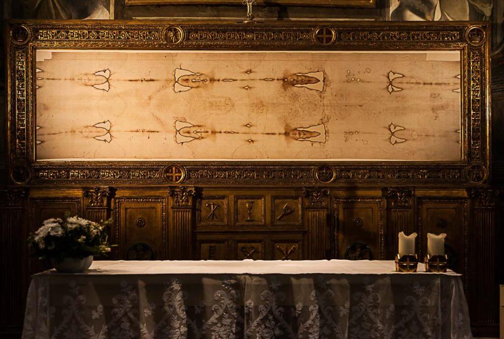 Detail of a copy of the Holy Shroud of Turin, Italy