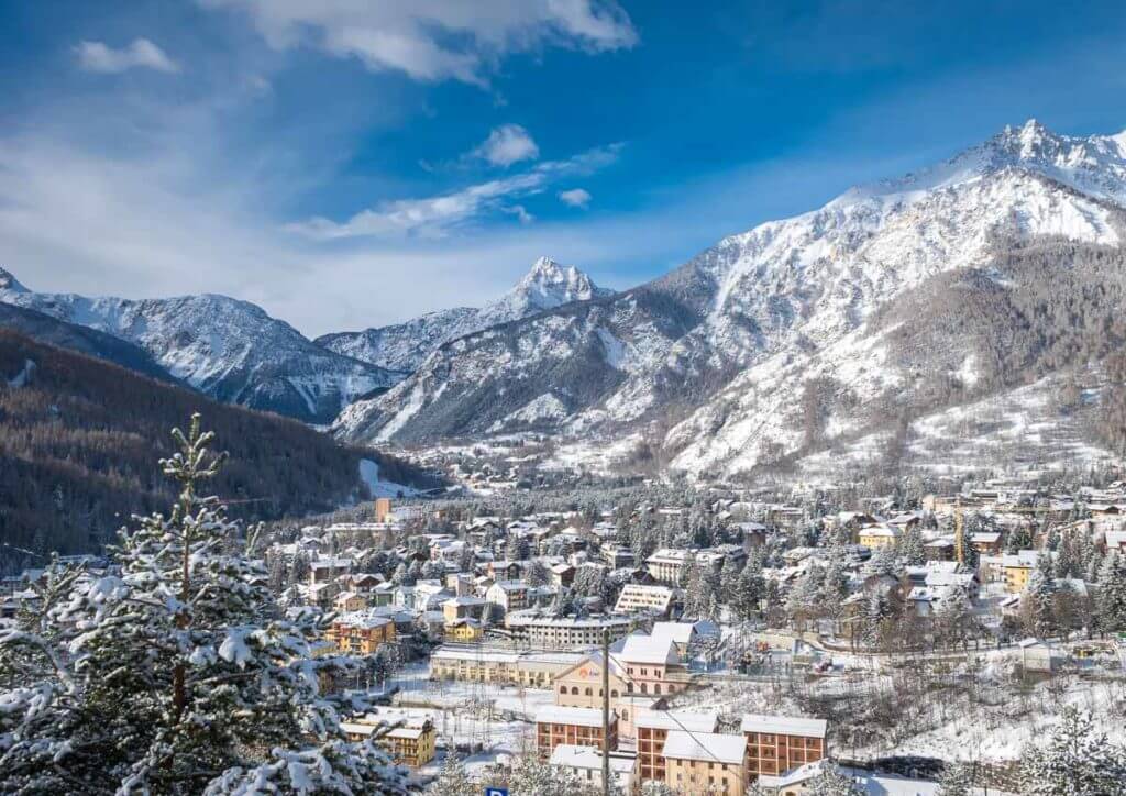 Aerial view of Bardonecchia ski area, one of the ski resorts near Turin, Italy.