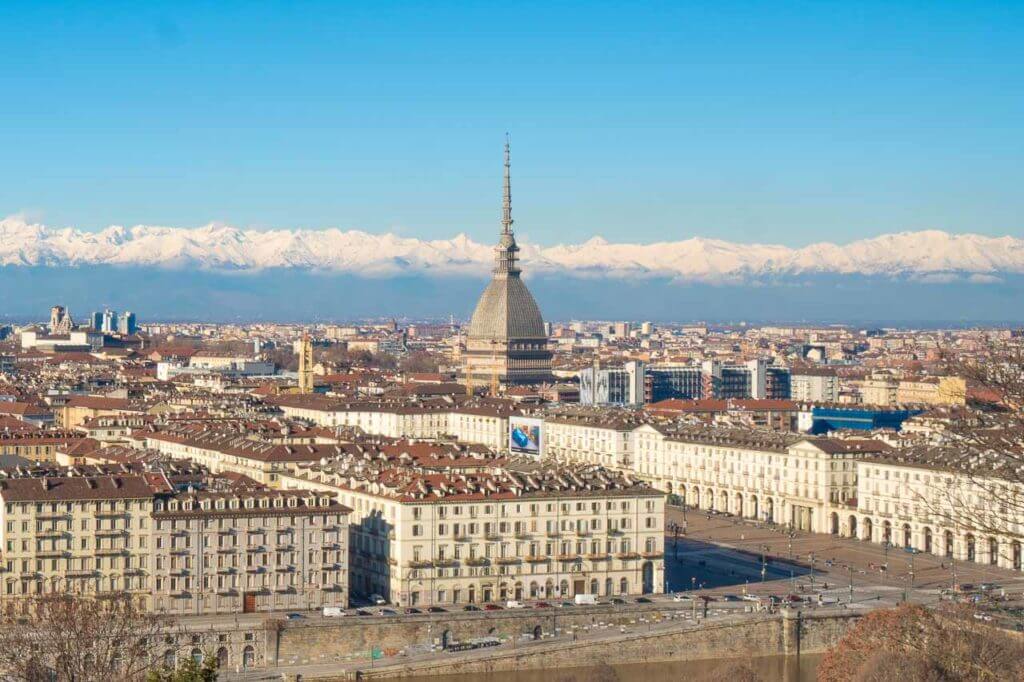 Photo of Turin skyline taken from the Monte dei Cappuccini. It shows the historical city center and the Alpes.