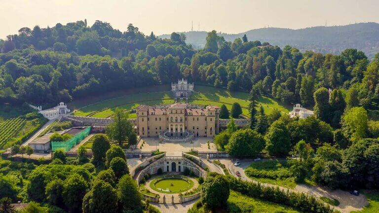 Aerial shot of Villa della Regina in Turin, a palace with a vineyard.